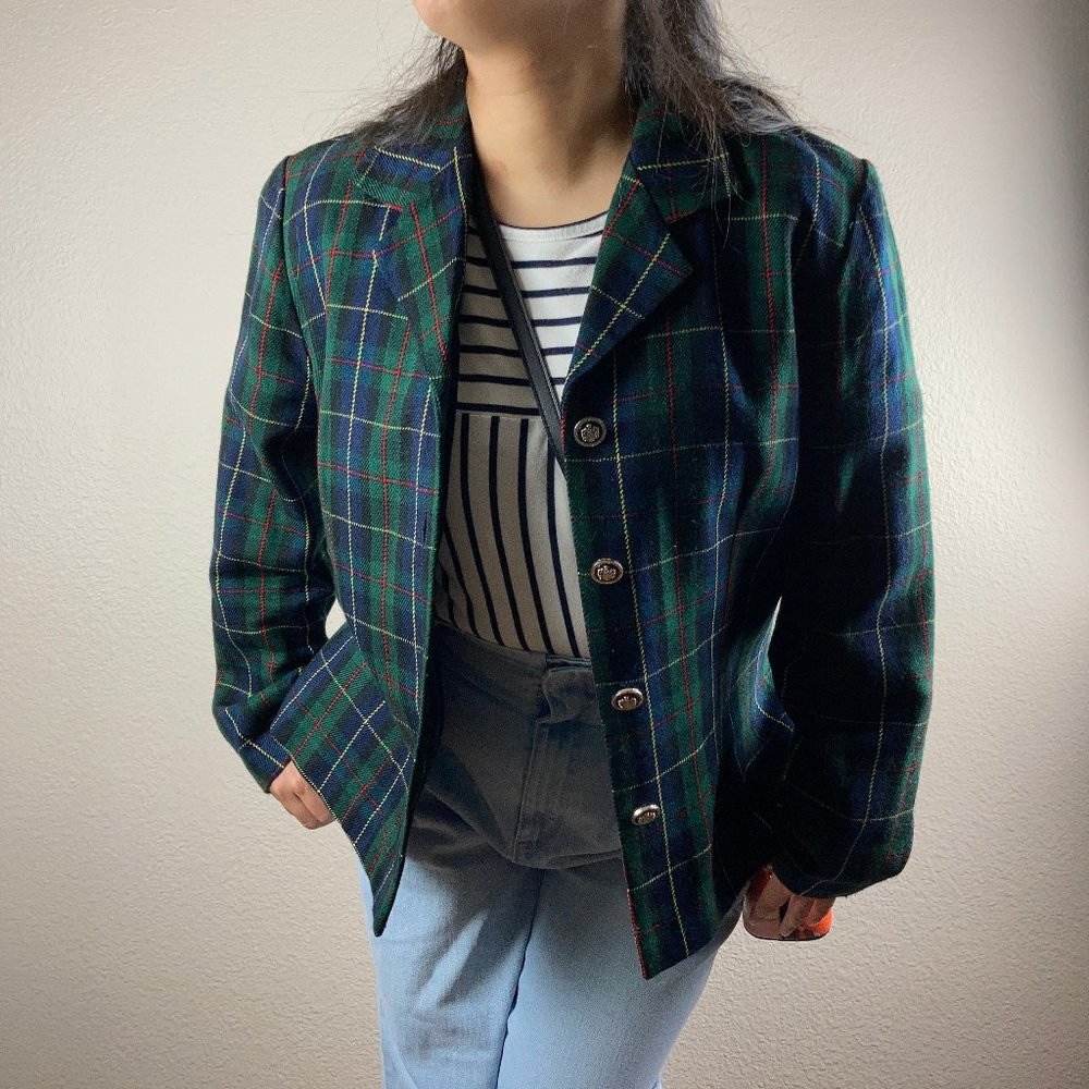 y2k Sag Harbor Green & Blue Tartan Blazer - M - Picture 2 of 5